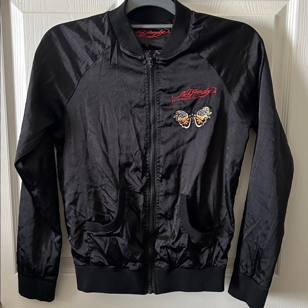 Ed Hardy Womens Bomber Jacket Black Zip Roar Embroidered Butterfly‎ Eyes Vintage